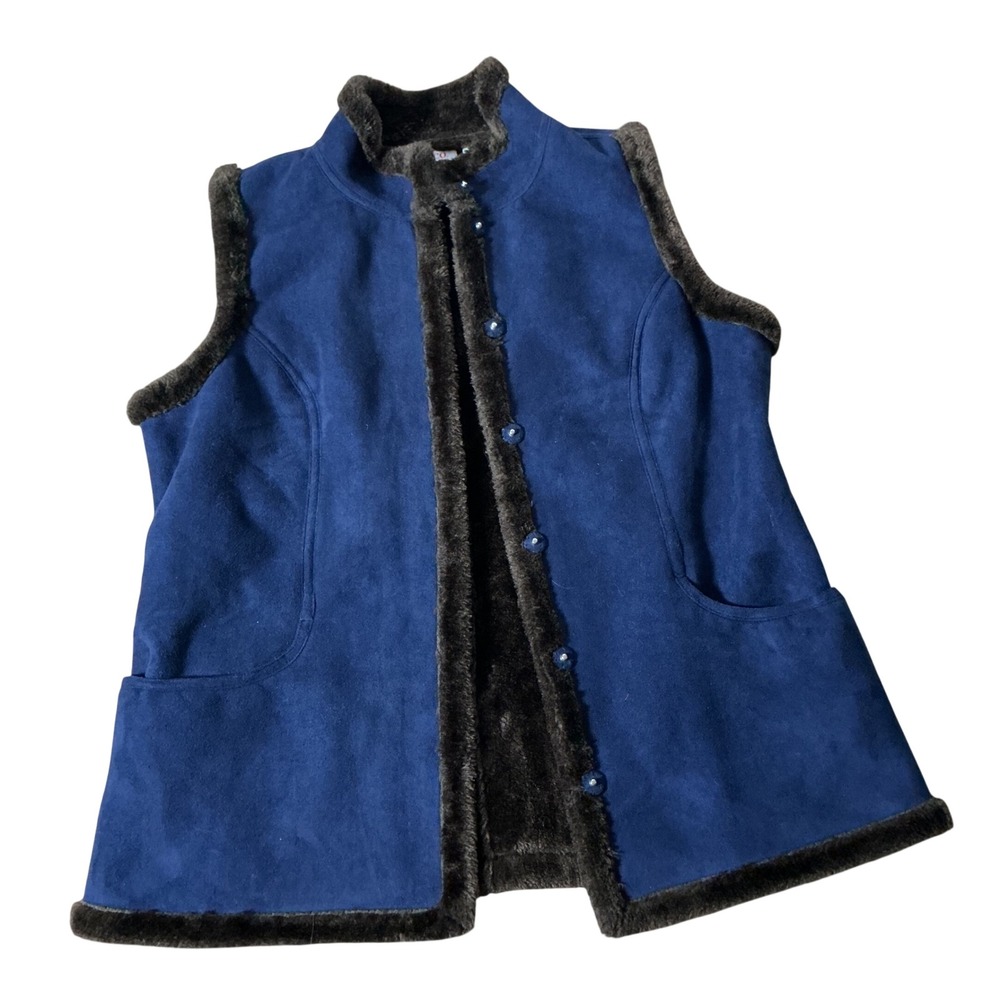 Denim & Co Faux Suede Fur Trim Vest Women Medium Blue A211815 Mock Neck Gorpcore